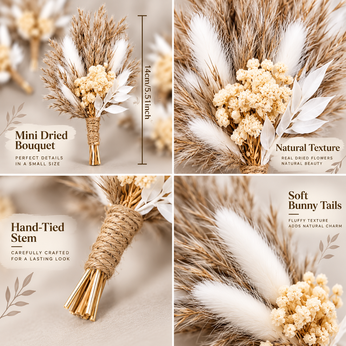 Dried Flower Boutonniere Set, Boho Wedding Corsage for Groom and Groomsmen, Mini Floral Bouquet for Wedding Party, 6/12 Pieces