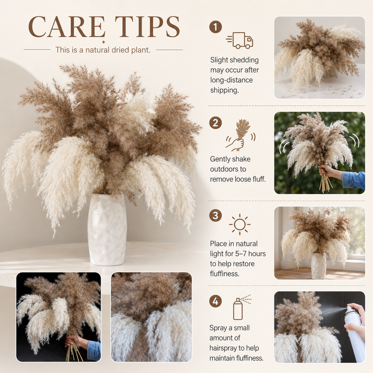 20 Stems White & Brown Pampas Grass Bouquet, 60cm/23.6inch Tall Boho Home Decor Arrangement, Neutral Dried Grass Vase Decoration for Living Room Bedroom Wedding