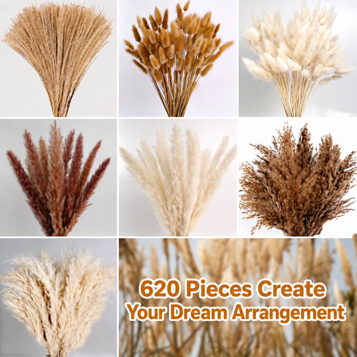 620pcs Pampas Grass Bundle, Large Boho Dried Floral Arrangement for Vase Decor, Wedding Backdrop, Event Styling and Home Decoration