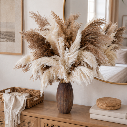 20 Stems White & Brown Pampas Grass Bouquet, 60cm/23.6inch Tall Boho Home Decor Arrangement, Neutral Dried Grass Vase Decoration for Living Room Bedroom Wedding