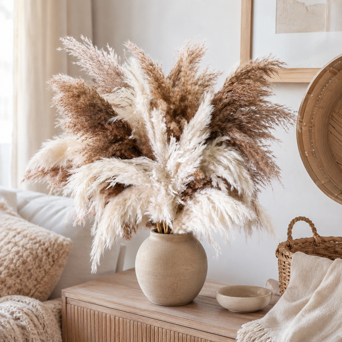 20 Stems White & Brown Pampas Grass Bouquet, 60cm/23.6inch Tall Boho Home Decor Arrangement, Neutral Dried Grass Vase Decoration for Living Room Bedroom Wedding