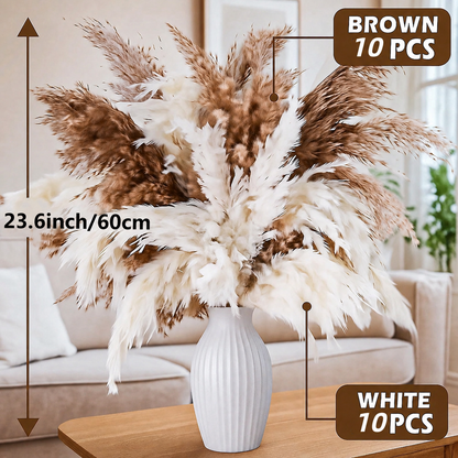 20 Stems White & Brown Pampas Grass Bouquet, 60cm/23.6inch Tall Boho Home Decor Arrangement, Neutral Dried Grass Vase Decoration for Living Room Bedroom Wedding