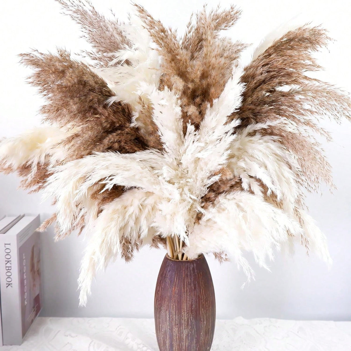 20 Stems White & Brown Pampas Grass Bouquet, 60cm/23.6inch Tall Boho Home Decor Arrangement, Neutral Dried Grass Vase Decoration for Living Room Bedroom Wedding