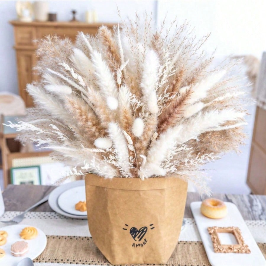 Boho Dried Flower Bouquet, Neutral Pampas Grass Arrangement with Bunny Tails for Vase Decor, Wedding Decor and Home Styling, 100/200/300/400 Stems