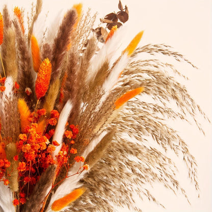 120pcs Orange Pampas Grass Bouquet, Fall Boho Dried Floral Arrangement for Vase Decor, Thanksgiving Home Styling and Autumn Table Centerpiece