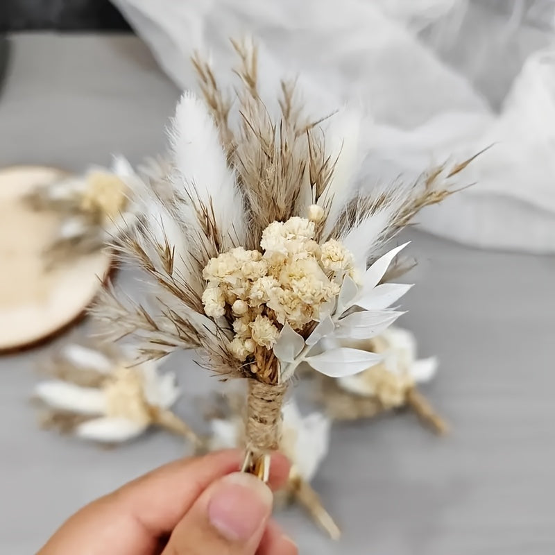 Dried Flower Boutonniere Set, Boho Wedding Corsage for Groom and Groomsmen, Mini Floral Bouquet for Wedding Party, 6/12 Pieces