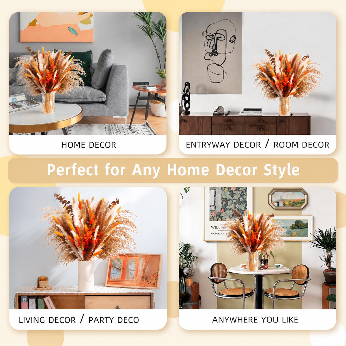 120pcs Orange Pampas Grass Bouquet, Fall Boho Dried Floral Arrangement for Vase Decor, Thanksgiving Home Styling and Autumn Table Centerpiece