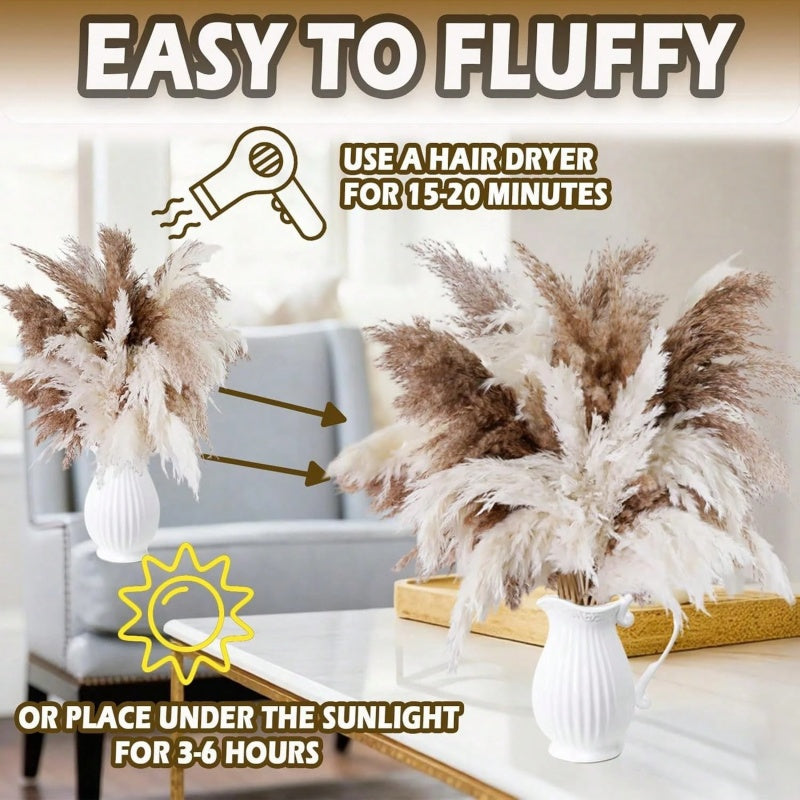 20 Stems White & Brown Pampas Grass Bouquet, 60cm/23.6inch Tall Boho Home Decor Arrangement, Neutral Dried Grass Vase Decoration for Living Room Bedroom Wedding
