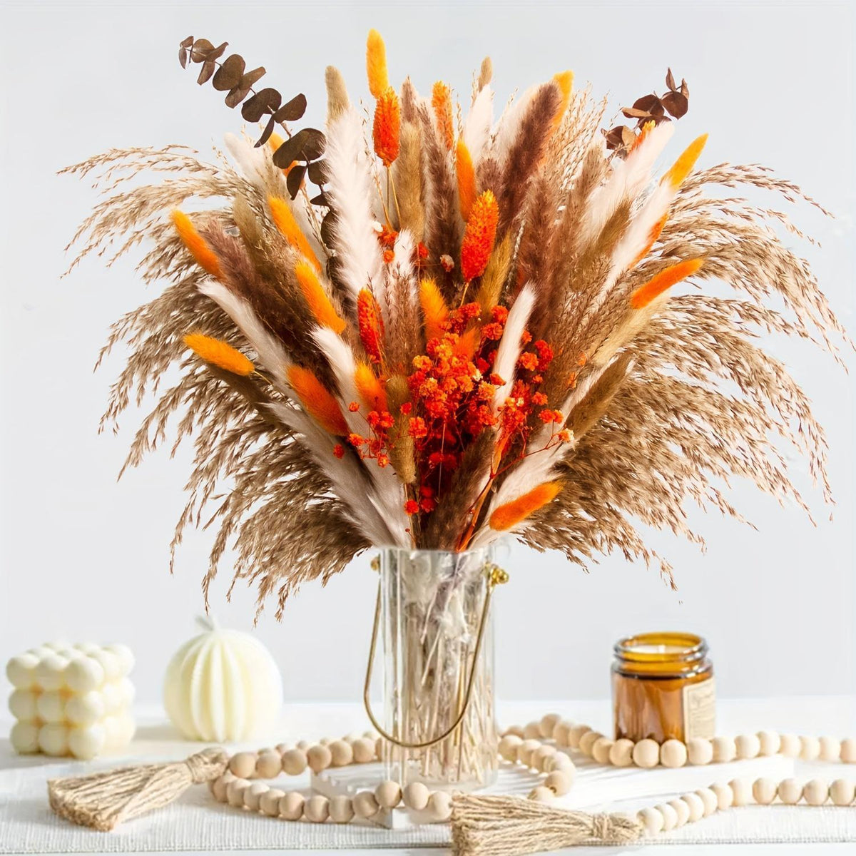 120pcs Orange Pampas Grass Bouquet, Fall Boho Dried Floral Arrangement for Vase Decor, Thanksgiving Home Styling and Autumn Table Centerpiece
