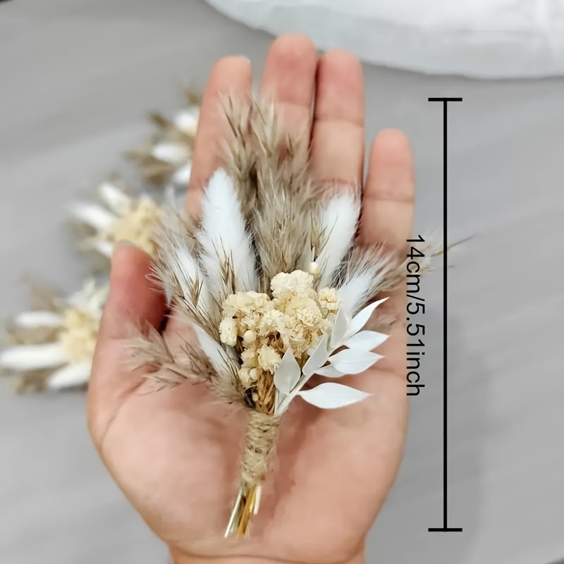 Dried Flower Boutonniere Set, Boho Wedding Corsage for Groom and Groomsmen, Mini Floral Bouquet for Wedding Party, 6/12 Pieces