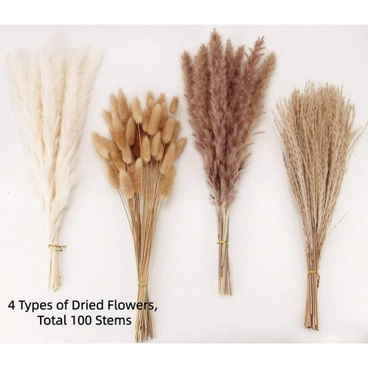 4 Types Dried Flower Bouquet Set, 100/200/300 Stems Boho Neutral Floral Arrangement for Vase Decor, Table Decor and Home Styling