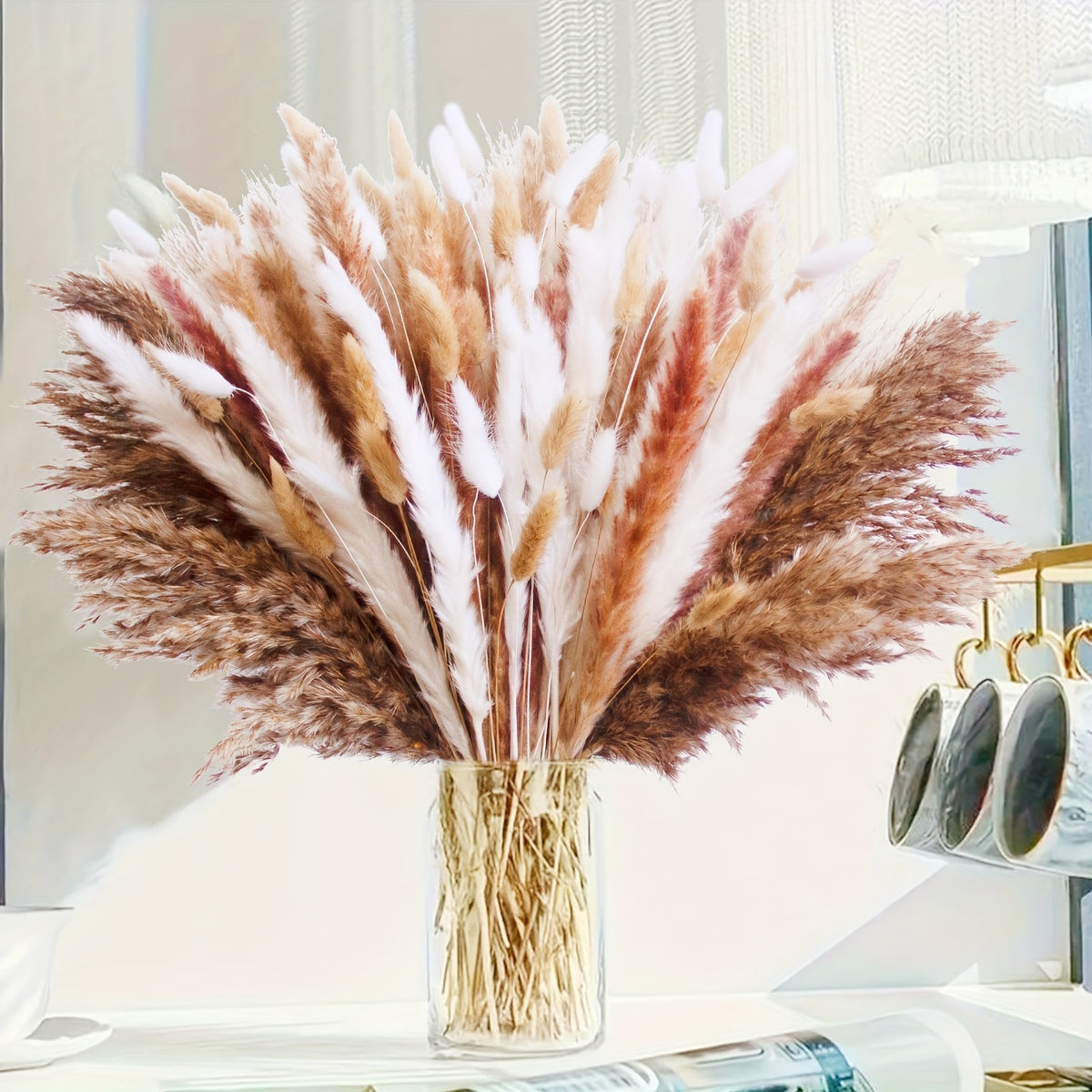 150pcs Pampas Grass Bouquet, Boho Dried Floral Arrangement for Vase Decor, Home Decor, Wedding Table Decor and Entryway Styling