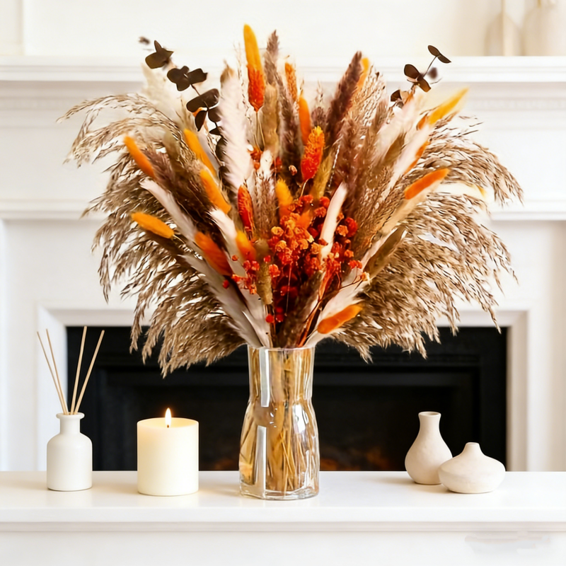 120pcs Orange Pampas Grass Bouquet, Fall Boho Dried Floral Arrangement for Vase Decor, Thanksgiving Home Styling and Autumn Table Centerpiece