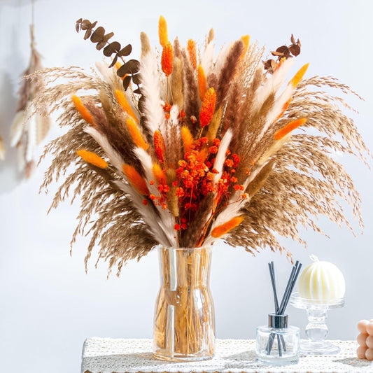 120pcs Orange Pampas Grass Bouquet, Fall Boho Dried Floral Arrangement for Vase Decor, Thanksgiving Home Styling and Autumn Table Centerpiece