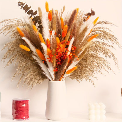 120pcs Orange Pampas Grass Bouquet, Fall Boho Dried Floral Arrangement for Vase Decor, Thanksgiving Home Styling and Autumn Table Centerpiece