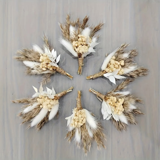 Dried Flower Boutonniere Set, Boho Wedding Corsage for Groom and Groomsmen, Mini Floral Bouquet for Wedding Party, 6/12 Pieces
