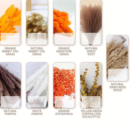 120pcs Orange Pampas Grass Bouquet, Fall Boho Dried Floral Arrangement for Vase Decor, Thanksgiving Home Styling and Autumn Table Centerpiece