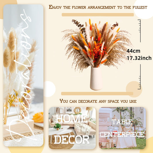 120pcs Orange Pampas Grass Bouquet, Fall Boho Dried Floral Arrangement for Vase Decor, Thanksgiving Home Styling and Autumn Table Centerpiece